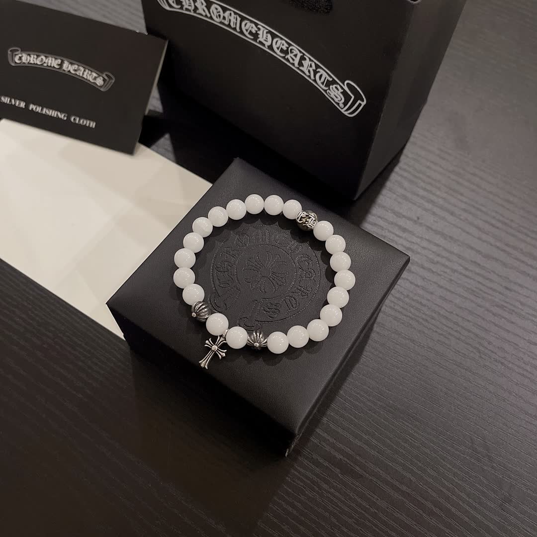 Chrome Hearts White Bead Bracelet with Cross Charm